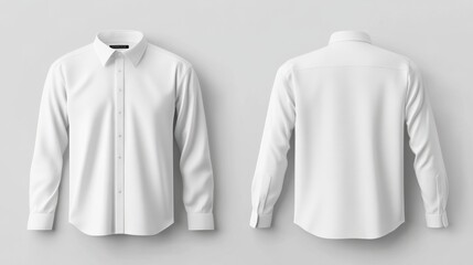 Blank collared shirt mockup front and back views, long sleeves, plain white for design presentation, 3D render with clear backdrop