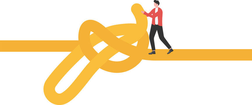Unknotting knotted ropes, tangling, dealing with problems and troubles, solving business, professional, or psychological problems, businessmen trying to untangle tangled thick ropes


