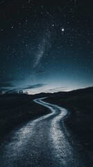 Winding road under a starry night sky, tranquil landscape. Exploration and adventure concept