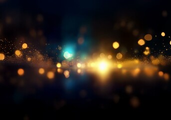 A dark abstract background with a hazy, soft-focused image of light orbs. The image features a mixture of gold, yellow, and blue light orbs scattered across the black backdrop.