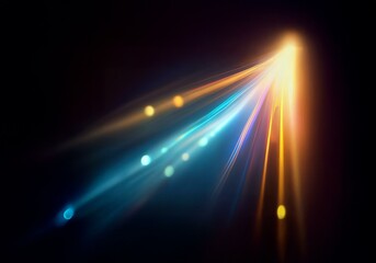 Obraz premium Bright streaks of light in blue and yellow converge, creating a dynamic abstract pattern against a dark backdrop.