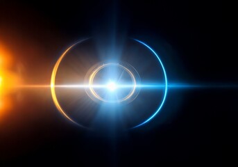 Obraz premium A bright light shines through a dark space. Two glowing rings surround the central point, one orange and the other blue.