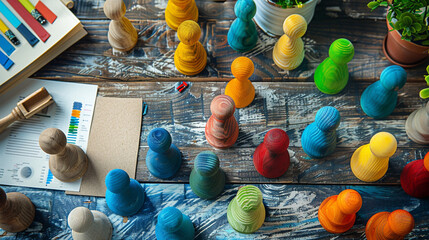 A flat lay of colorful wooden figures of various shapes and sizes arranged on a desk with business documents and tools, symbolizing diversity and inclusivity in a professional environment.