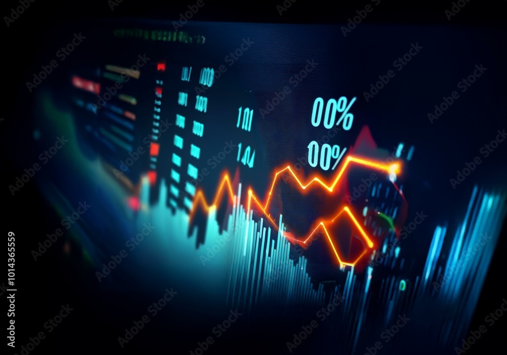 Poster a close-up of a financial chart displayed on a digital screen. the orange line represents the stock 