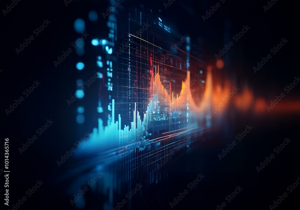 Aufkleber a digital display with blue and orange lines, graphs, and numbers on a dark background.