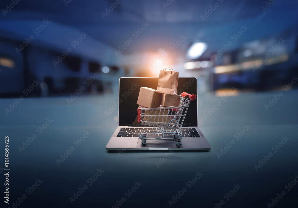 Aufkleber a miniature shopping cart filled with cardboard boxes and a paper bag sits on top of a laptop keyboa