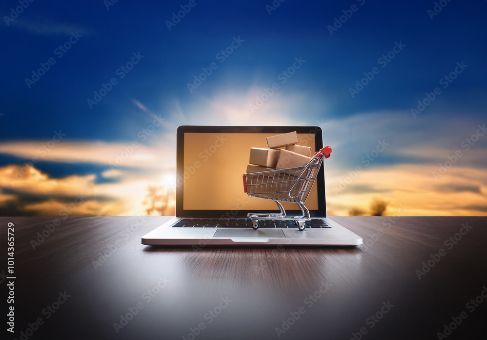 Poster A laptop computer with a small shopping cart filled with cardboard boxes sits on a wooden surface in front of a blurred sunset sky.