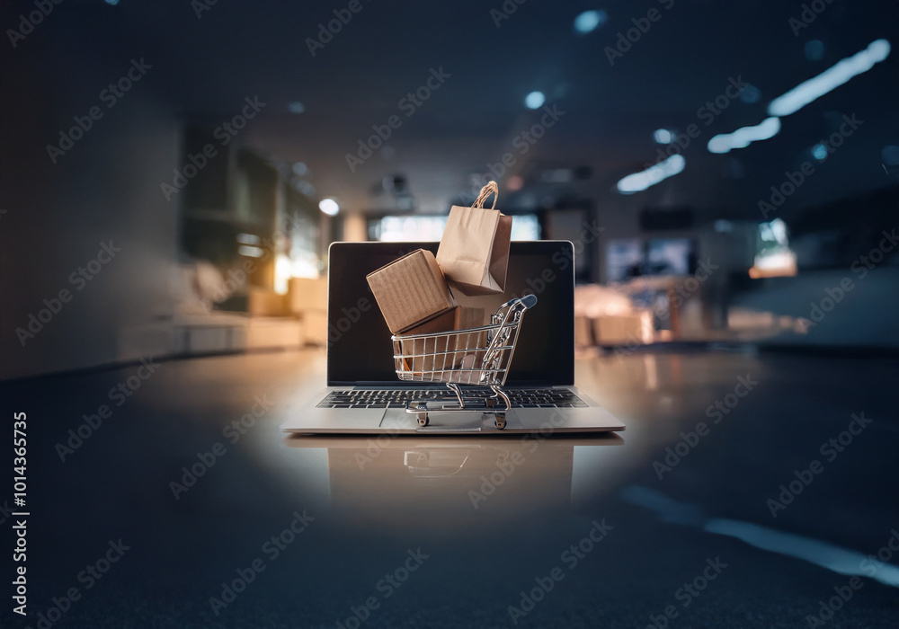 Poster a miniature shopping cart is placed on a laptop keyboard with a brown paper bag and cardboard boxes 