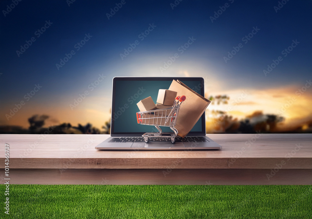 Poster a miniature shopping cart filled with cardboard boxes sits on an open laptop, with a blurred sunset 