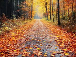 Path through a forest with colorful autumn leaves covering the ground.