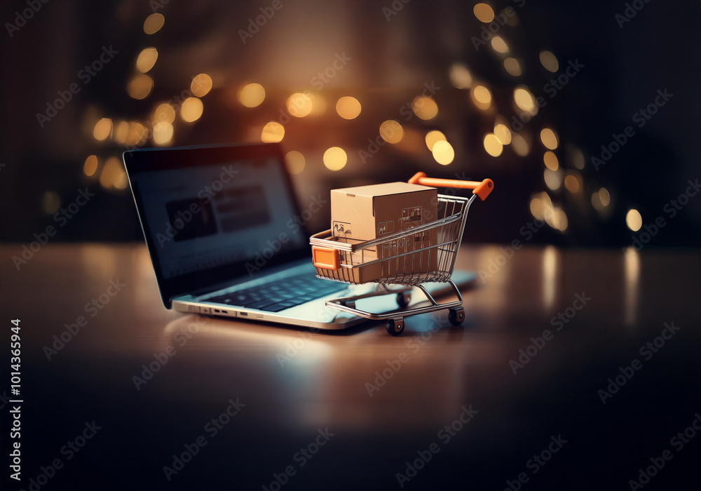 Poster a cardboard box sits in a miniature shopping cart on top of a laptop computer.