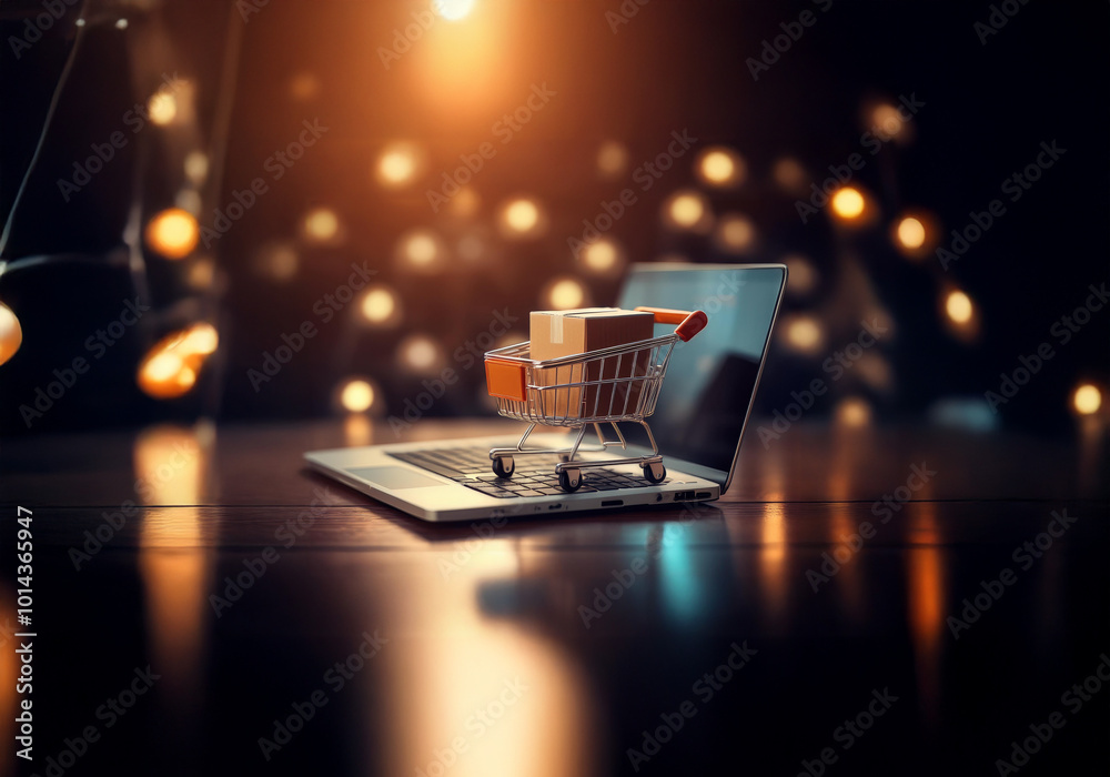 Poster a miniature shopping cart with a cardboard box sits on the keyboard of a laptop.