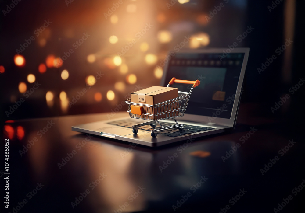 Poster a miniature shopping cart with a cardboard box sits on a laptop keyboard.