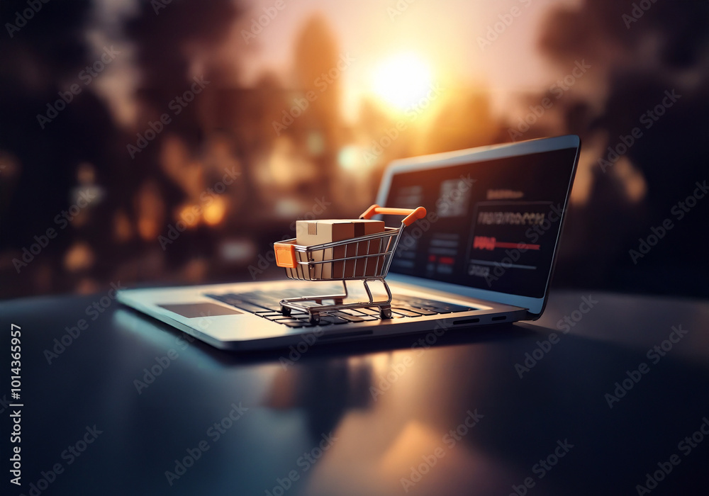 Poster a small shopping cart with a cardboard box sits on a laptop keyboard.
