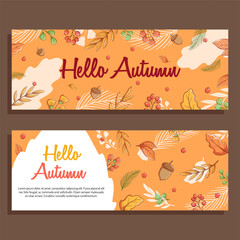 autumn sale banner with oak leaf and mushroom illustration