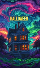 A colorful, spooky house under a swirling, vibrant sky, evoking a Halloween theme with illuminated windows and a mystical atmosphere.