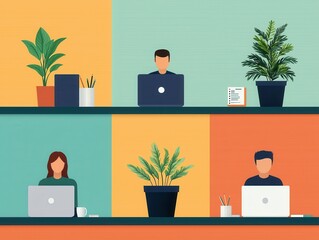 A modern, colorful workspace featuring three individuals working on laptops surrounded by various plants.