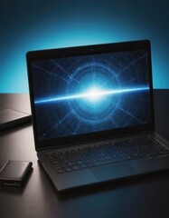 A laptop displaying an image of a planet on its screen panel