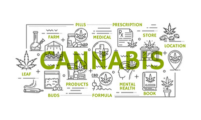 Weed extract cbd and marijuana, medical cannabis color icons symbols like leaves, pills, and products, farm, prescription, store, location, mental health, buds, formula and book linear health symbols