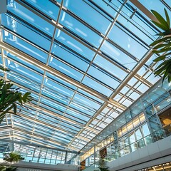 Interior of a modern office building with glass roof and blue sky
