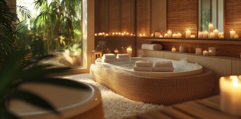 Fototapeta premium Relaxing bathtub with candles and towels.