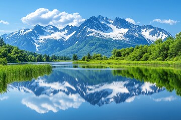 Fototapeta premium Scenic view of a mountain range reflected in a still lake.
