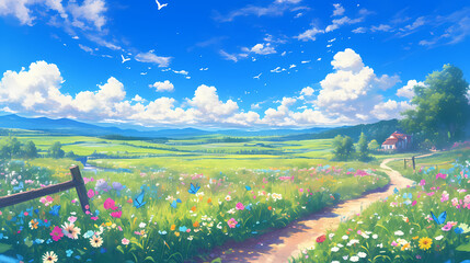 Fototapeta premium Anime-style summer meadow landscape wildflowers in various colors, butterflies fluttering. Blue sky with fluffy white clouds.