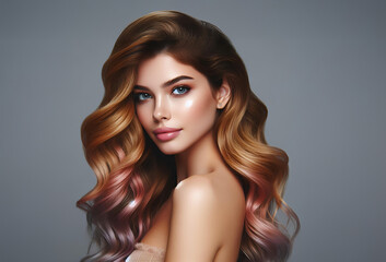 Long brown hair with pink highlights shows off texture and shine.