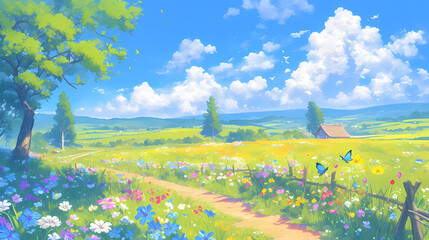 Anime-style summer meadow landscape wildflowers in various colors, butterflies fluttering. Blue sky with fluffy white clouds.