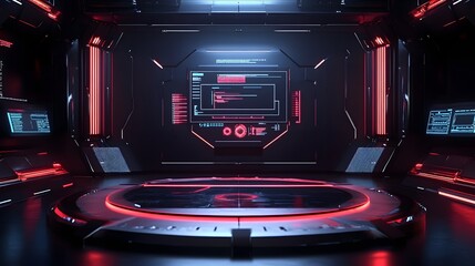 Obraz premium Abstract style on black background. Blank display, stage or podium for show product in futuristic cyberpunk style. Technology demonstration. Futuristic circle 3D lab stage with HUD elements for UI,GUI