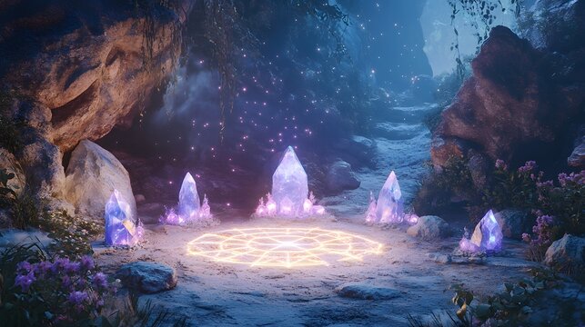 A mystical scene with a crystal grid, enhancing luck and prosperity