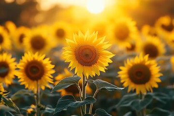 Obraz premium Single sunflower in a field at sunset.