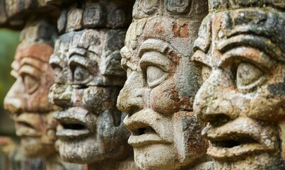 Obraz premium Stone carvings of faces with open mouths.