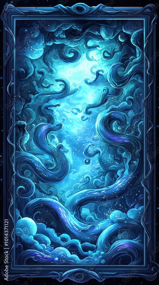 Poster abstract oceanic wave patterns in blue tones.