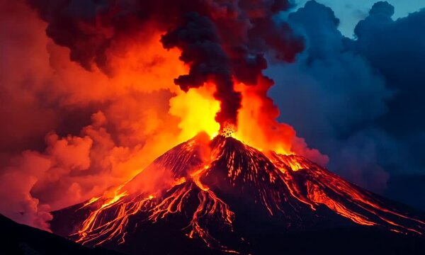 The erupting volcano emitted lava