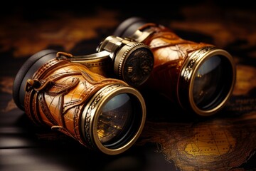 Sea binoculars resting on a table, showcasing intricate textures and natural light from a window