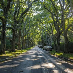 Fototapeta premium A sunlit canopy of trees lines a tranquil road in late afternoon, creating a peaceful retreat from urban bustle. Generative AI