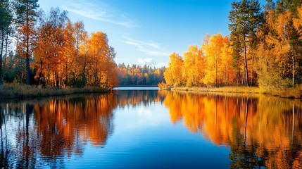 Obraz premium Tranquil Autumn Lake Surrounded by Colorful Trees