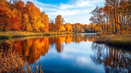 Obraz premium Scenic Winding River Surrounded by Vibrant Autumn Foliage