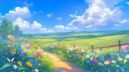 Anime-style summer meadow landscape wildflowers in various colors, butterflies fluttering. Blue sky with fluffy white clouds.