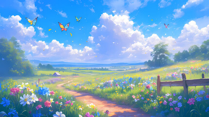 Anime-style summer meadow landscape wildflowers in various colors, butterflies fluttering. Blue sky with fluffy white clouds.