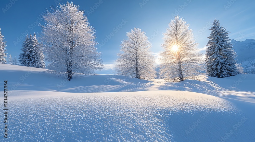 Poster snowy landscape with frosted trees, sun shining through branches and casting long shadows on the sno