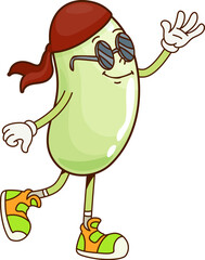 Groovy kidney bean superhero character wears bandana, sunglasses and sneakers ready to fight for justice, healthy eating and nutritious meals with his power. Cartoon legume or haricot super hero