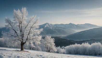 Obraz premium Snow and ice-covered trees under freezing temperatures in a serene winter landscape.