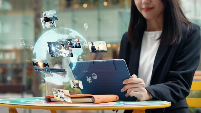 Woman using a tablet in the city and video content concept