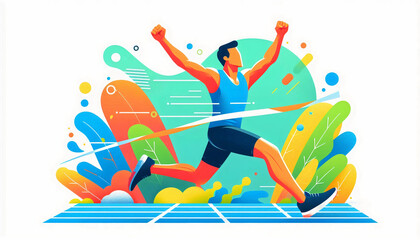 A colorful, dynamic illustration of a runner crossing the finish line, celebrating victory. The abstract, vibrant background enhances the energy and joy of the moment