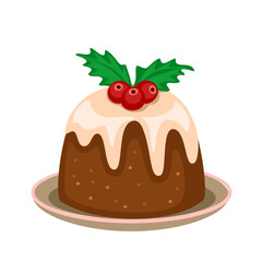 Cute Christmas pudding with icing and berries vector illustration