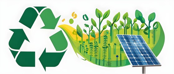 recycling symbol morphing into growing plants and solar cells to symbolize the transformation of waste into renewable resources