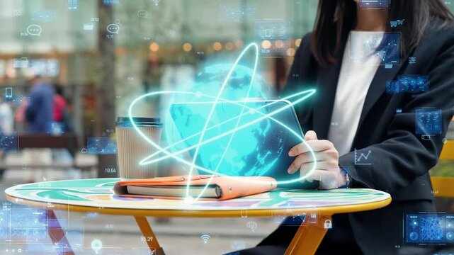 Woman using tablet in the city and global network concept