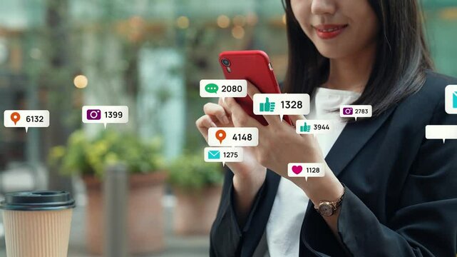 Social network concept with woman using smartphone in the city